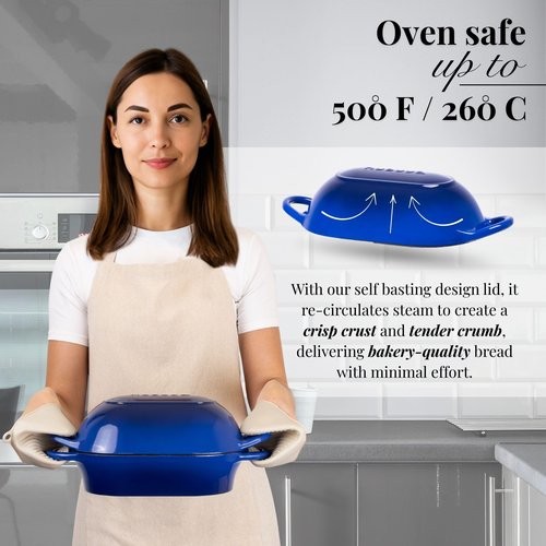 Dutch Oven For Sourdough Bread Baking – Enamelled Cast Iron Bread Loaf Pot – Oven Safe Non Stick Bread Pot – Rectangular, Dark Blue, 24cm x 16cm – by Nuovva