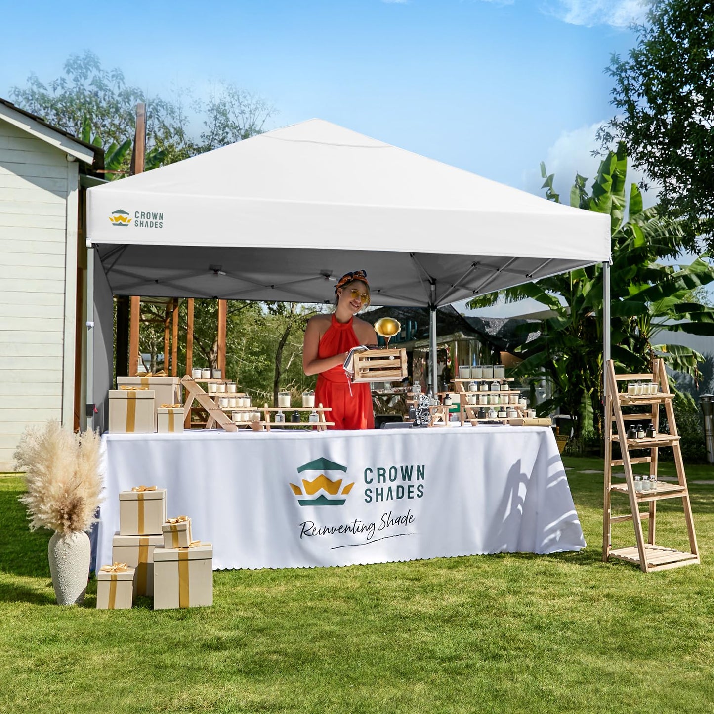 CROWN SHADES Pop Up Canopy with 1 Side Wall - Beach Tent with One Push Setup - Outdoor Sun Shade for Events, Parties, Camping - Gazebo with STO-N-Go Cover Bag, Grid White, 8x8FT
