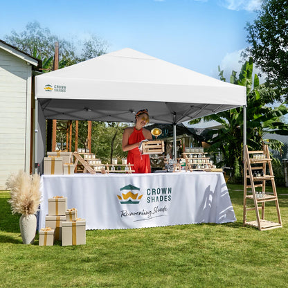 CROWN SHADES Pop Up Canopy with 1 Side Wall - Beach Tent with One Push Setup - Outdoor Sun Shade for Events, Parties, Camping - Gazebo with STO-N-Go Cover Bag, Grid White, 8x8FT