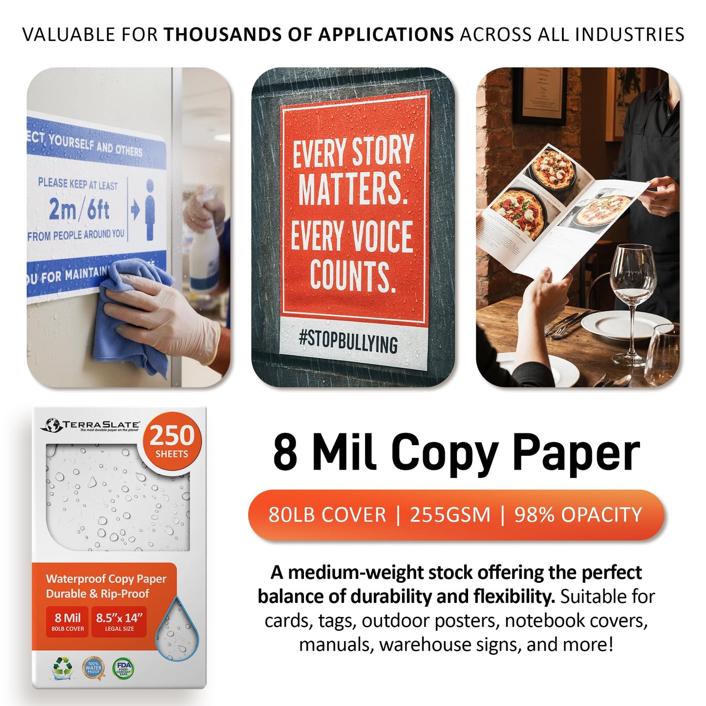 TerraSlate Waterproof Laser Printer Paper – 8 MIL 8.5"x14", 250 Sheets, White – Rip & Smudge Proof, Heavy-Duty for Outdoor Use, Ideal for Printing, Copying & More