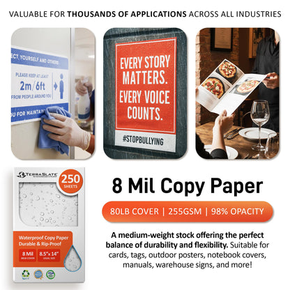 TerraSlate Waterproof Laser Printer Paper – 8 MIL 8.5"x14", 250 Sheets, White – Rip & Smudge Proof, Heavy-Duty for Outdoor Use, Ideal for Printing, Copying & More