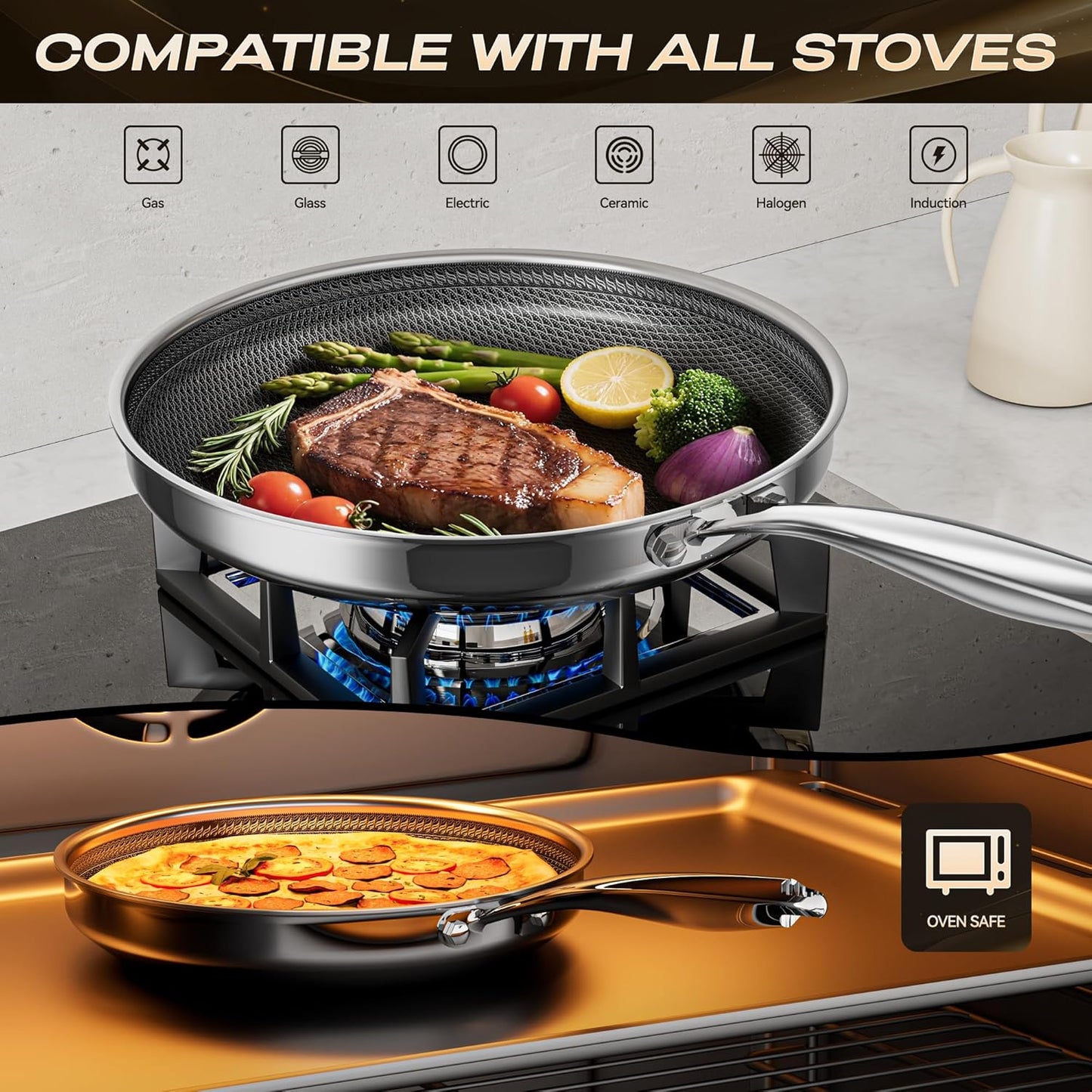 Skiennix 12-Inch Hybrid Nonstick Frying Pan - Stay-Cool Handle, Dishwasher-Safe & Oven-Safe Up to 600°F