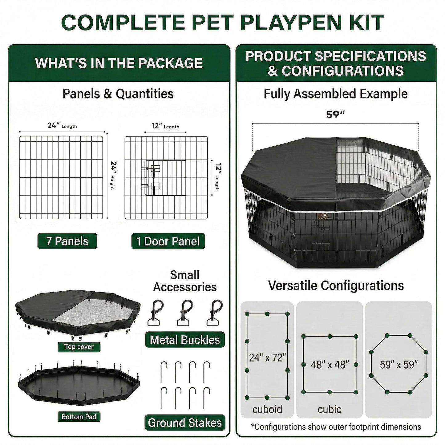 PJYuCien Octagonal Dog Playpen with Top Cover and Bottom Pad - Metal Foldable Exercise Pen, 8 Panels 24" H x 24" W Indoor Outdoor Pet Fence Puppy Crate Kennel, Black