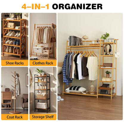 Baveke Bamboo Clothing Garment Rack Frame Made of FSC-Certified Bamboo, 7 Tier Storage Shelf Coat Clothes Hanging Rack, Portable Wardrobe Closet Organizer, Shoe Storage Shelves for Bedroom, Natural