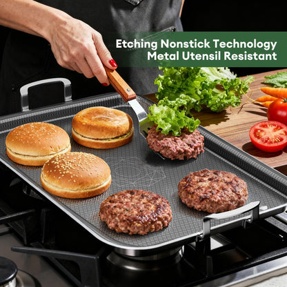 Cooker King 19 x 13 Inch Hybrid Honeycomb Stainless Steel Double Burner Griddle Pan, 3-Ply Nonstick Flat Top Grill Plate & Rectangular Roasting Pan, Metal Utensil Safe, Induction Ready, Oven-Safe