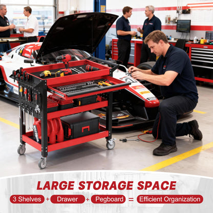 XCX 3 Tier Tool Cart on Wheels, Heavy Duty Metal Rolling with Drawers and Pegboards, 660 LBS Load Capacity Tool Storage Cart, Industrial Utility for Garage, Warehouse, Workshop
