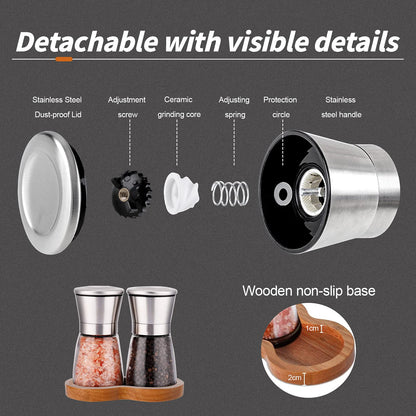 LessMo Salt and Pepper Grinder Set with Wooden Standing Tray, Refillable Pepper Mill Set - Brushed Stainless Steel - Short Glass Shakers with Adjustable Coarseness for Peppercorn, Salt or Spice Mills
