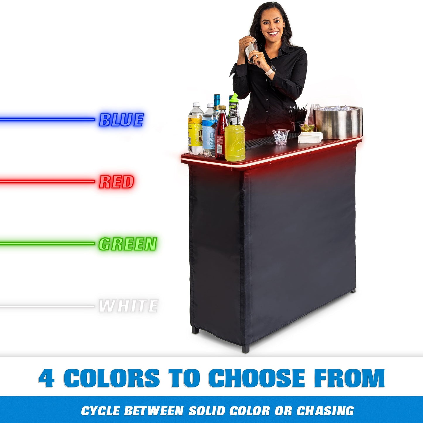 GoBar Portable Bar Table with Multi-Color LED Lights - Mobile Bartender Station for Events - Includes Carrying Case