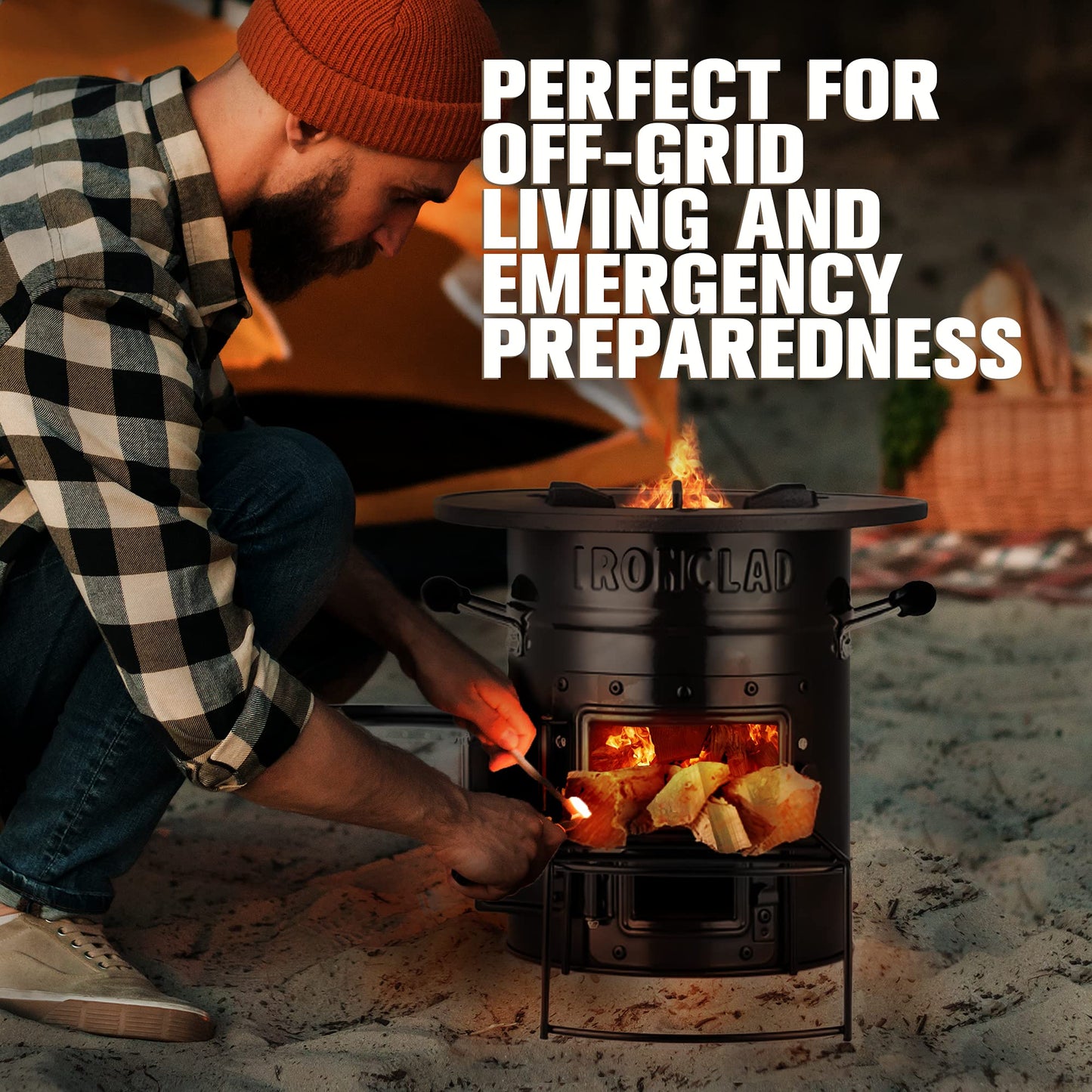 IronClad Supply Rocket Stove – Camping Wood Stove for Emergency Preparedness, Survival, Off Grid Living Supplies – Portable Wood Burning Stove with Canvas Storage Bag and Fuel Support System