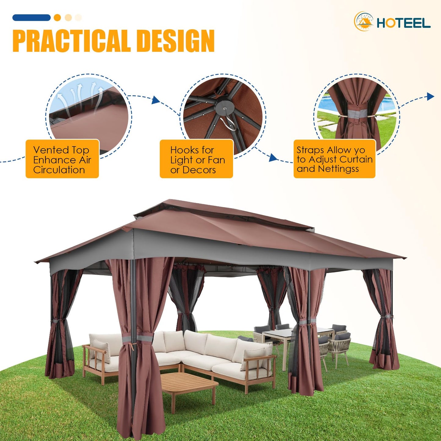HOTEEL Gazebo 12x20, Outdoor Gazebo on Clearance with Double Ventilated Arc Roof, Privacy Curtains & Mosquito Netting, Easy Set up Canopy Tent with Stable Metal Frame for Patio Gazebo, Brown