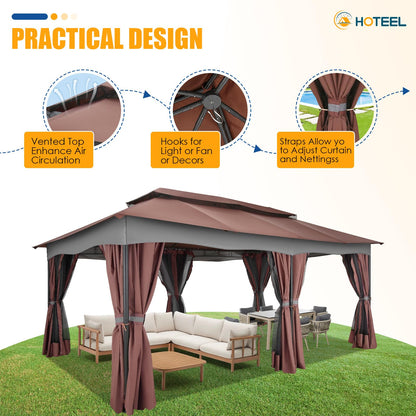 HOTEEL Gazebo 12x20, Outdoor Gazebo on Clearance with Double Ventilated Arc Roof, Privacy Curtains & Mosquito Netting, Easy Set up Canopy Tent with Stable Metal Frame for Patio Gazebo, Brown