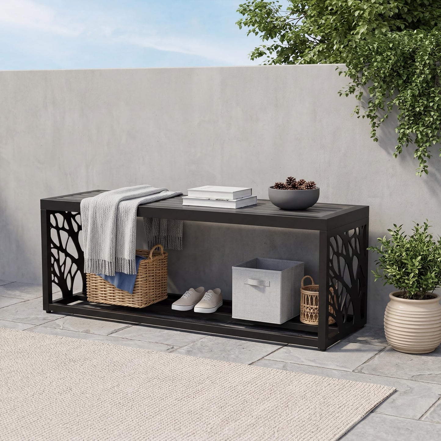 Orbotots 47" Outdoor Garden Bench with Storage Shelf, Modern Black Entryway Bench, Wood-Grain HDPE Seat, Galvanized Steel Frame with Powder Coating for Porch, Yard, Patio, Tree