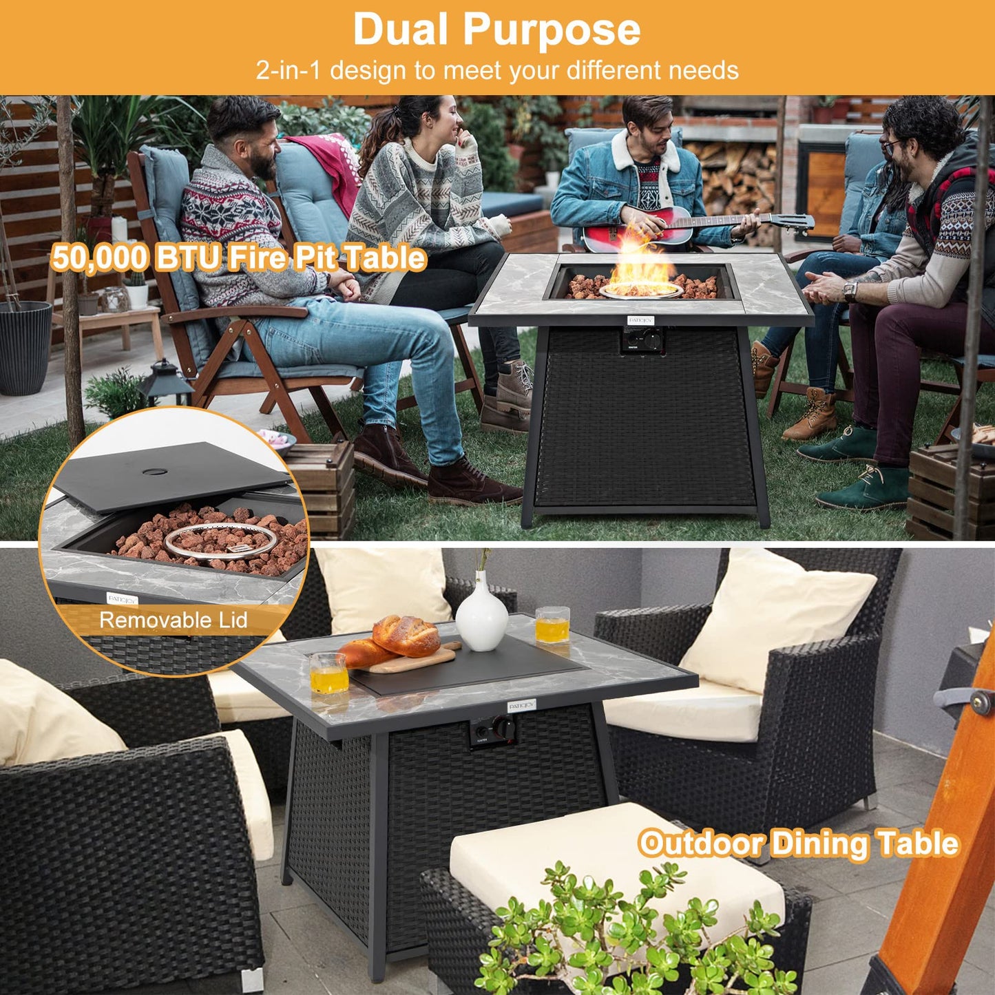 COSTWAY 35" Propane Gas Fire Pit Table, 50,000 BTU Auto-Ignition Propane Fire Pit with Lid, Lava Rocks and PVC Cover, Outdoor PE Rattan Fire Pit Table for Poolside, Garden, Balcony, ETL Certification