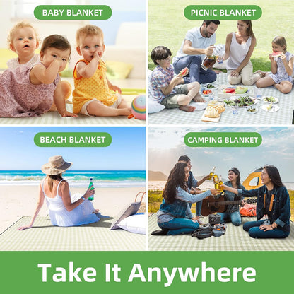 ZAZE Extra Large Waterproof Picnic Blanket - 80''x80'' Gingham Mat for Beach & Camping | Green & White