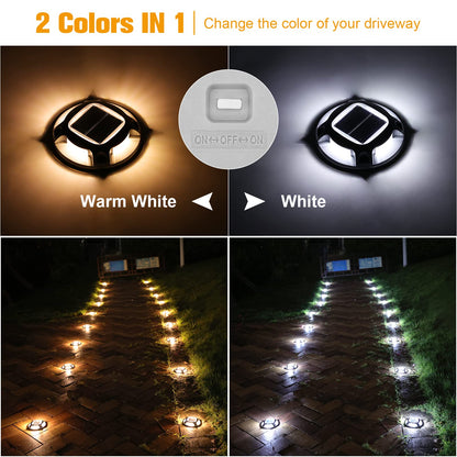 VOLISUN Solar Driveway Lights Dock Deck Lights 16 Pack,2 Colors in 1 Led IP67 Waterproof Outdoor Warning Step Lights for Driveway Sidewalk Pathway (White/Warm White)