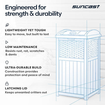 Suncast 33 Gallon Wicker-Style Trash Can - Weather-Resistant with Secure Latching Lid | Cyberspace Grey