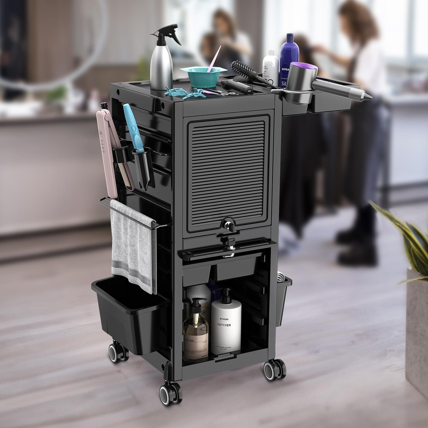 Lockable Salon Trolley Salon Cart on Wheels Rolling Tray Large Storage Salon Trolley W/Towel and Mirror Rack, Heat Resistant Appliance Rack, 4 Remove Drawers, 2 Buckets for Salon Spa Store