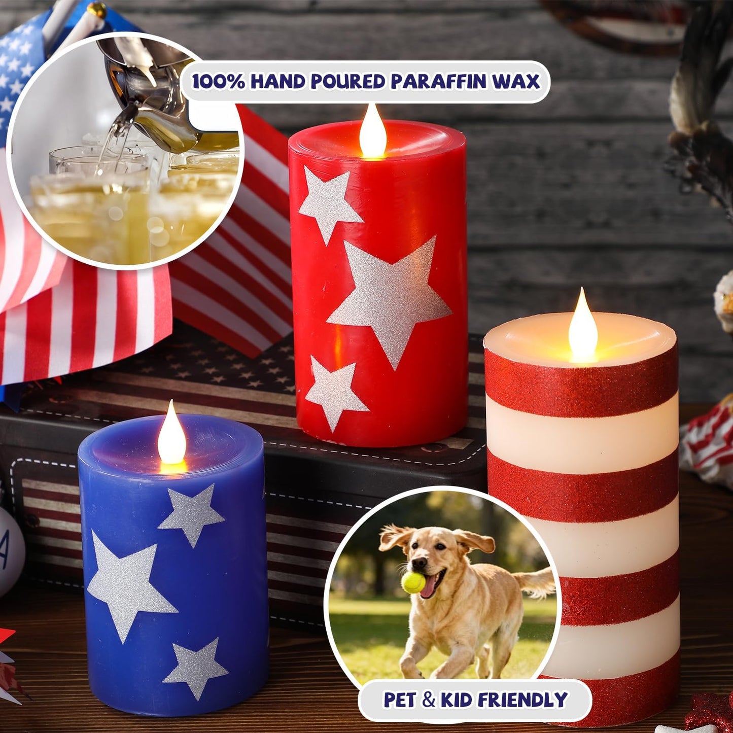 LCZLUMIPRO Set of 3 Patriotic Flameless Candles, Red White and Blue Battery Operated Pillar Candles, Patriotic Candles for 4th of July Independence Day Home Decor