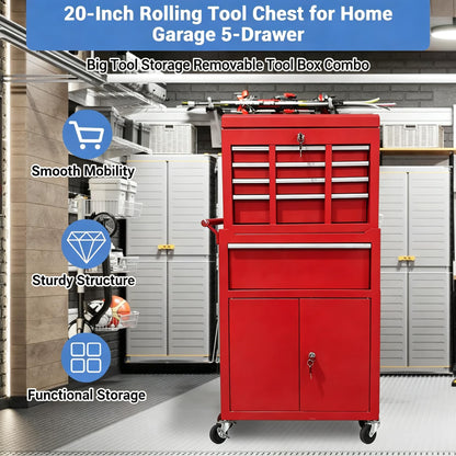 Heavy Duty 5 Drawer Tool Chest, Rolling Tool Box Cabinet on Wheels, 2-in-1 Detachable Metal Tool Storage Organizer for Garage and Workshop, Locking Steel Tool Cart with Portable Top Tool Box, Red