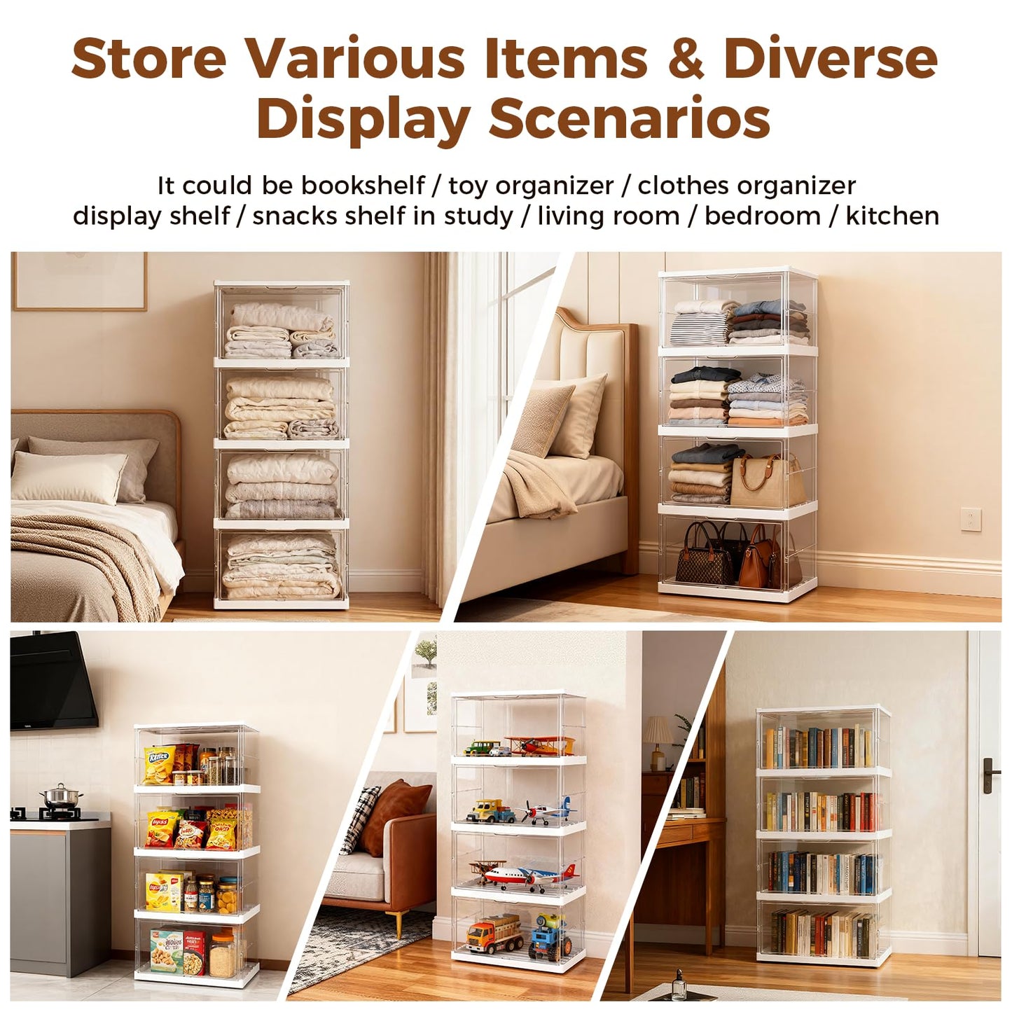 XOS 198QT Ultra Large Storage Bins Closet Organizer and Storage Foldable & Collapsible Containers Drawers Organizer Bookshelf Bookcase Cabinet Display Case 4-Tier Plastic with Lids for Bedroom