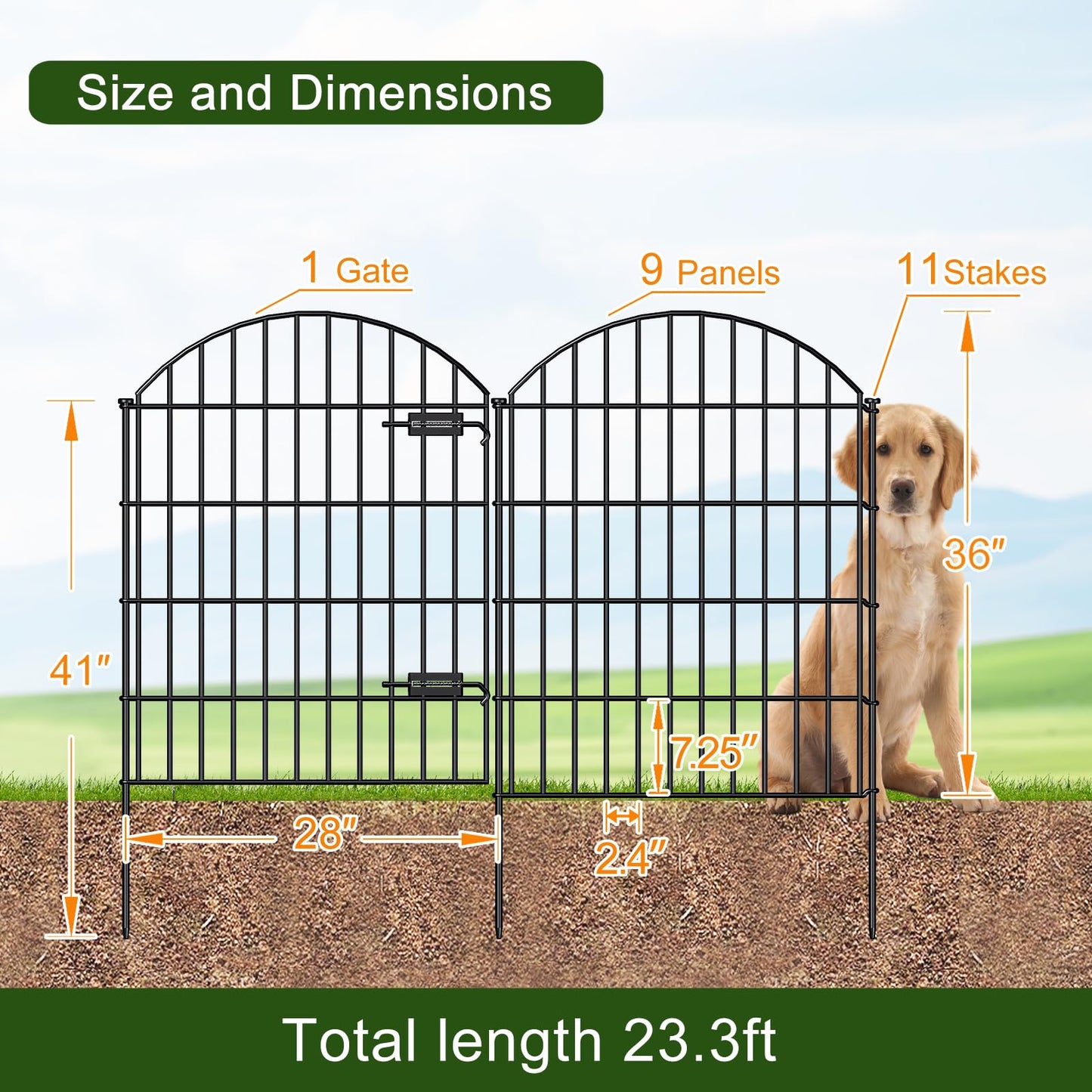 FOREHOGAR Metal Garden Fence with Gate 36in (H) x 23.3ft (L), 1 Gate+ 9 Panels Dog Fence Border Fence Animal Barrier, No Dig Garden Fencing for Yard Flower Bed Lawn Patio Outdoor, ECG3610, Black