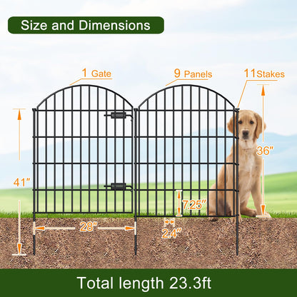 FOREHOGAR Metal Garden Fence with Gate 36in (H) x 23.3ft (L), 1 Gate+ 9 Panels Dog Fence Border Fence Animal Barrier, No Dig Garden Fencing for Yard Flower Bed Lawn Patio Outdoor, ECG3610, Black