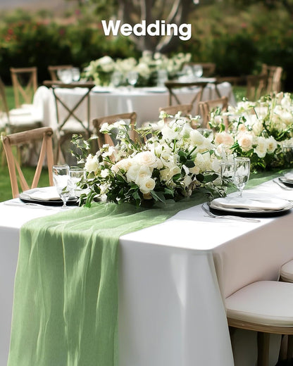 Pureegg Table Cloth Set - 10 Waterproof Disposable Tablecloths (54"x108") & 2 Decorative Cheesecloth Runners (35"x120") | Perfect for Parties, Picnics & Weddings in White & Sage