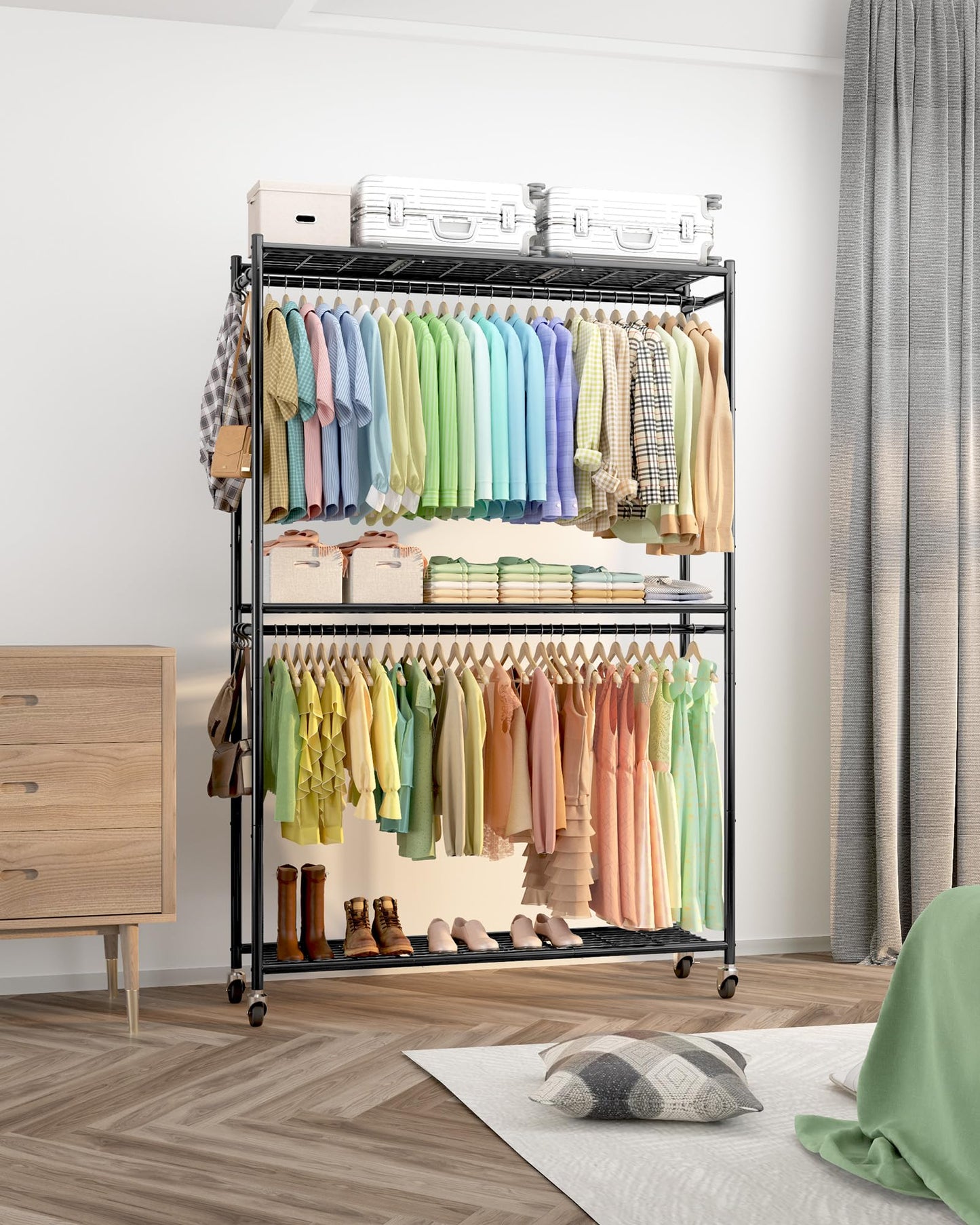 Sakugi Clothes Rack - 45.2" x 12.2" x 79.5" Clothing Rack with Shelves & Wheels, Multi-Functional Wardrobe Closet with Hooks, Sturdy Metal Garment Rack for Bedroom, Laundry, Balcony (Black)