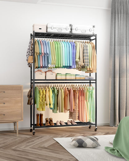 Sakugi Clothes Rack - 45.2" x 12.2" x 79.5" Clothing Rack with Shelves & Wheels, Multi-Functional Wardrobe Closet with Hooks, Sturdy Metal Garment Rack for Bedroom, Laundry, Balcony (Black)