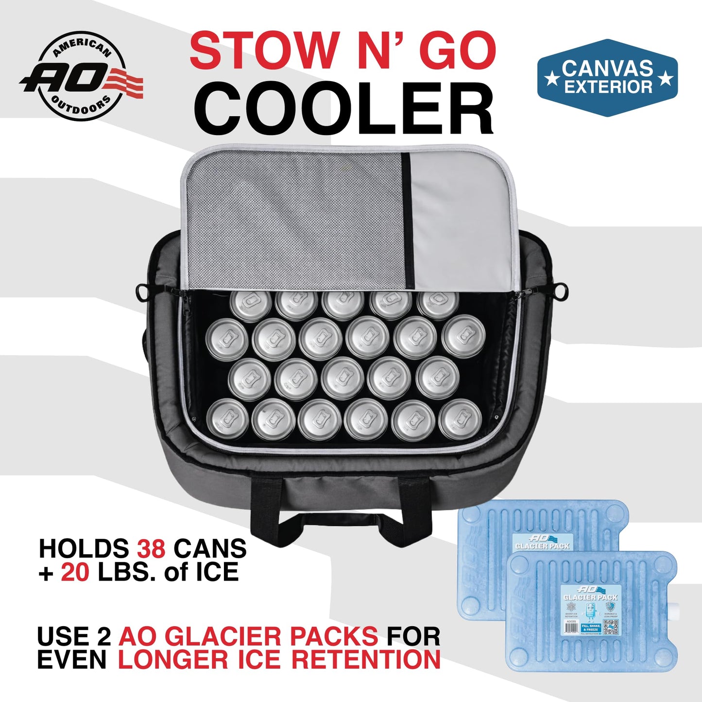 AO Coolers Stow-N-Go Canvas Soft-Sided Cooler, Low Profile and Leak Proof, Insulated for 24-Hour Cold, Smoke, 38-Can