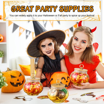 Suclain 2 Pcs Thanksgiving Glass Jars Pumpkin with Bamboo Lids 20 oz Fall Candy Dishes Cookie Bar Crystal Candy Bowl Storage Containers Snack Jars Decorative Glass Canister for Home Decoration