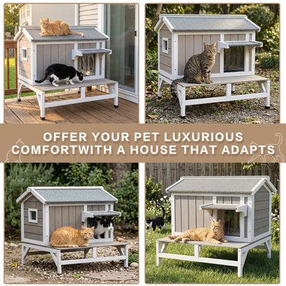 Pawbuilt Outdoor Cat House – Weatherproof Wooden Shelter with Elevated Base, Balcony & Openable Roof, 2-Story Cozy Condo with Built-in Cat Scratch Mat for Small, Feral, or Community Cats