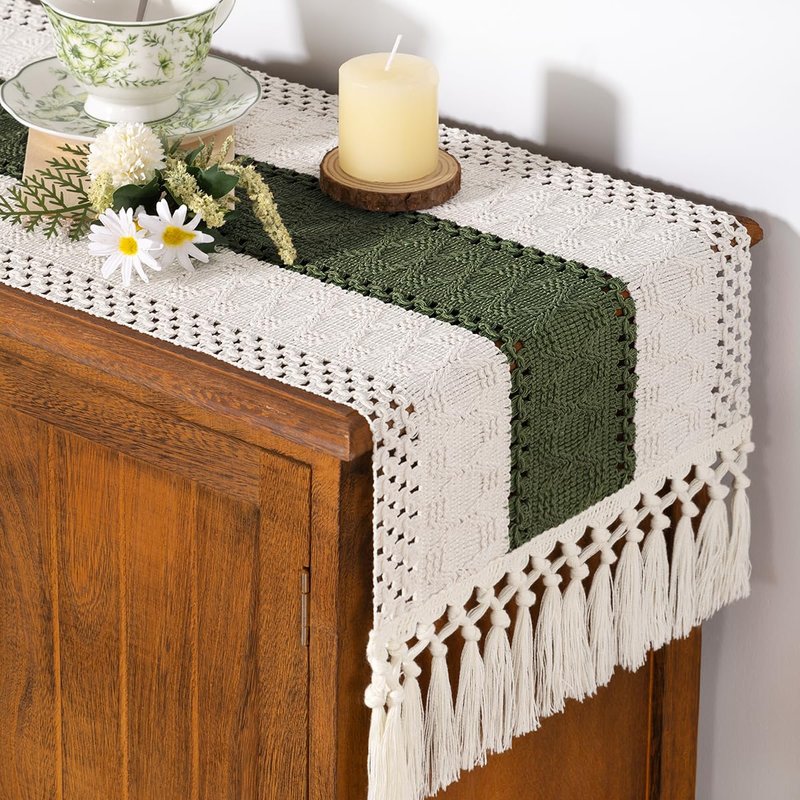 Socomi Boho Table Runner Summer Farmhouse Rustic Dining Kitchen Centerpiece Decor Small Macrame Woven Cotton Linen Coffee Table Runner for Dresser Scarf Home Decor 12x72 inch Olive Green