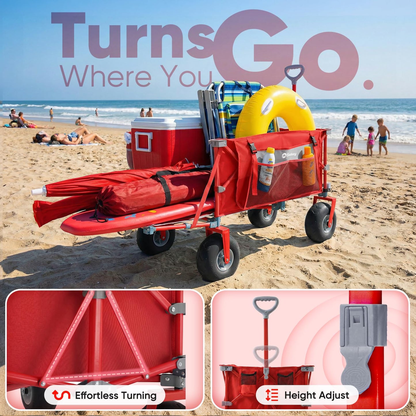 Sekey Heavy Duty Beach Wagon with 9" Big Sand-Proof Wheels, 300L Oversized Foldable Beach Cart with Cooler| Adjustable Handle & Balloon Tires for Sand, Camping,Vacation