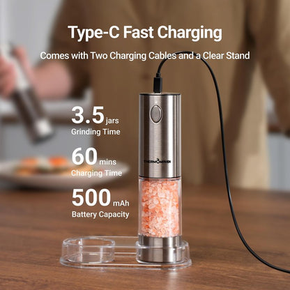 ThermoMaven Upgraded Larger Capacity Electric Salt and Pepper Grinder Set, 110ml Rechargeable Salt and Pepper Shaker with LED Light, Stainless Steel Automatic Pepper Mill with 6 Adjustable Coarseness