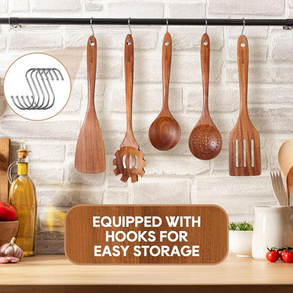 Skiennix Wooden Spoons - 10PCS Teak Wood Cooking Utensil Set with Hooks | Smooth Finish, Heat Resistant
