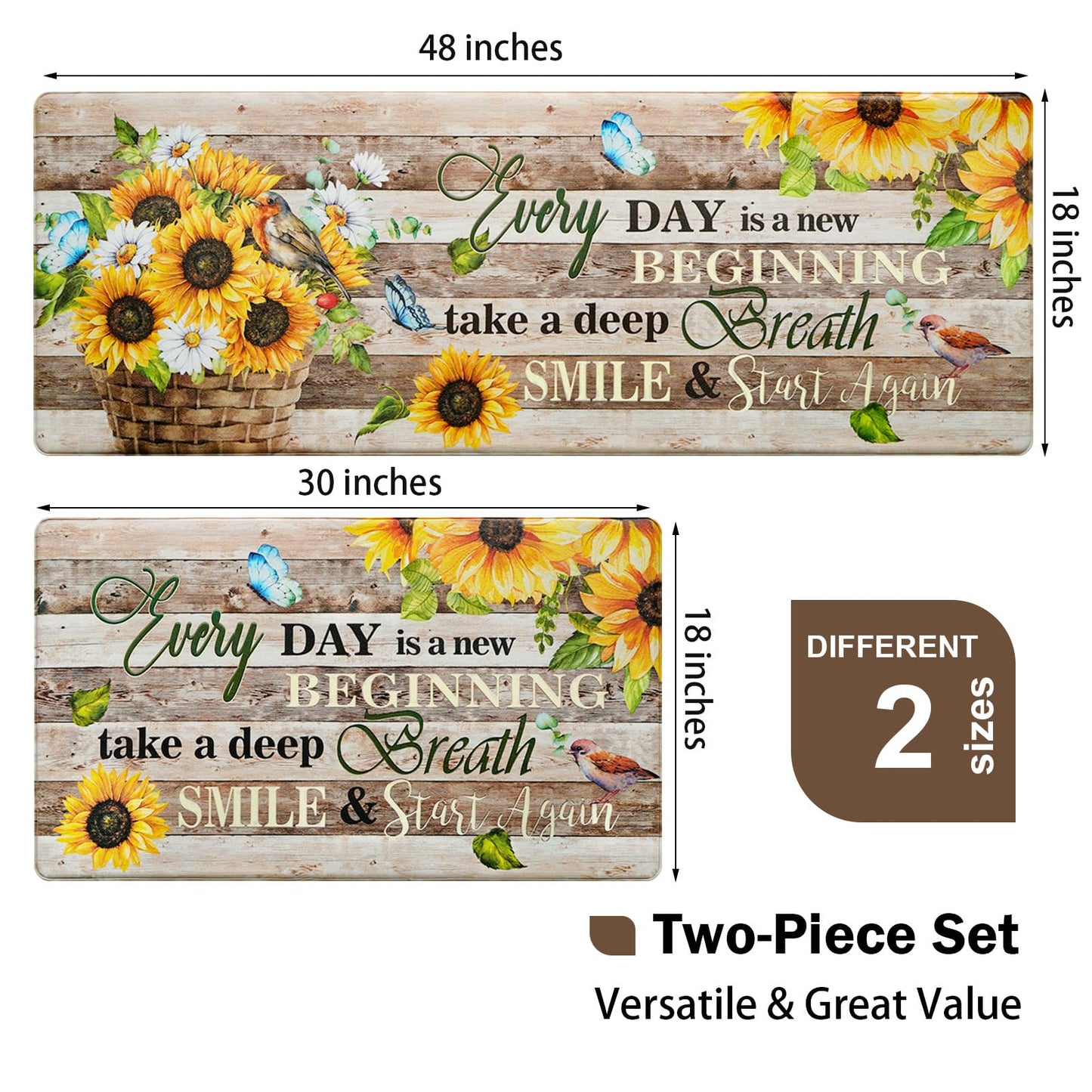 Likiyol Sunflower Kitchen Rugs Set of 2 Farmhouse Kitchen Mats for Floor Anti Fatigue Mats for Kitchen Floor, Butterfly Floral Kitchen Rugs Non Slip Washable Kitchen Floor Mats, 18''x 30''+18''x 48''