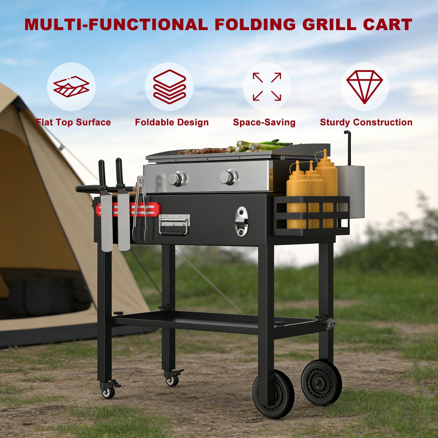 TAILGRILLER Portable Grill Table Outdoor Grill Stand for Blackstone 17"/22" Griddle,Ninja Grill,Foldable Ninja Grill Stand& Blackstone Griddle Stand for Outdoor Tailgating-Camping with Wheels
