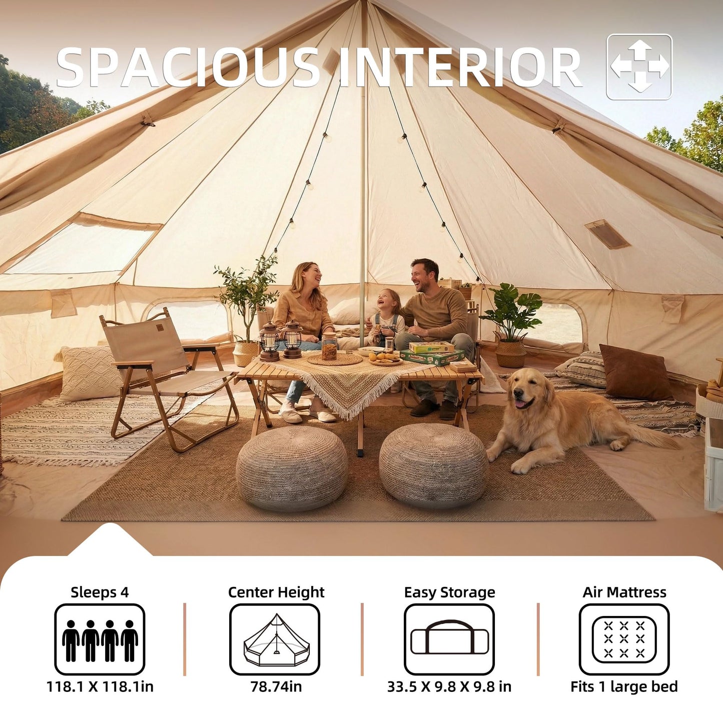 KEIKI 4 Season Canvas Bell Tent 9.8 FT Waterproof All Weather Glamping Yurt Tent, Luxury Hot Tent Stove Jack, Breathable Compact Family Camping Teepee for 4 People Outdoor Music Festival, Beige