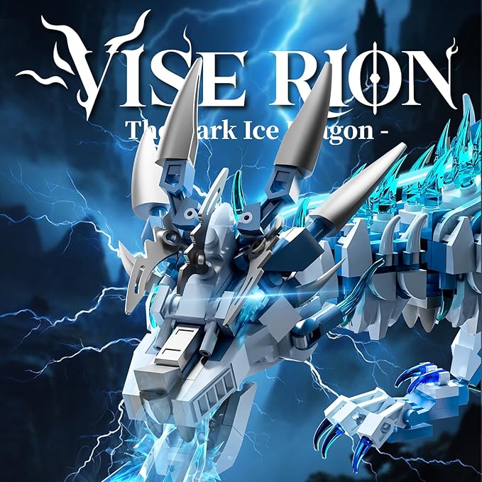 Mechanical Ice Dragon Building Block Toy Kit with LED Light Movable Linkage Gears Display Stand - Fantasy Dragon Model Kit for Teens &amp Adults 1646 PCS