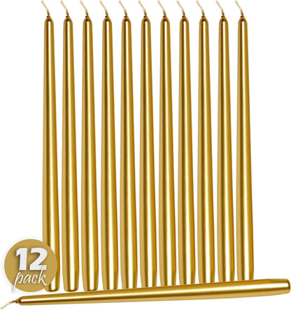 12 Pack Tall Taper Candles - 12 Inch Metallic Gold Dripless, Unscented Dinner Candle - Paraffin Wax with Cotton Wicks - 10 Hour Burn Time