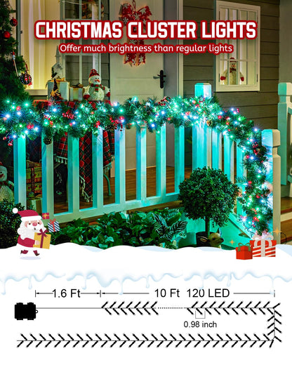 Minetom Christmas Cluster Lights, 10Ft 120 LED, Waterproof Twinkle Lights, 4 Pack, Red Green & White