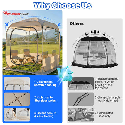 DIAMONDFORGE Pop Up Sports Tent 5x5 FT, Portable Waterproof Clear Tent with Removable Top Cover for 2-3 Person, Instant Setup, Spacious BubbleTent for Outside, Patio and Outdoor Activities, Beige