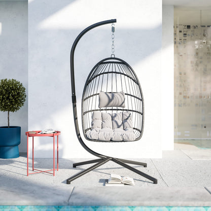 Flash Furniture Cleo Indoor/Outdoor Patio Hanging Egg Chair - Gray Frame with Gray Seat Cushions - Black Powder Coated C-Style Stand - Hanging Hardware Included