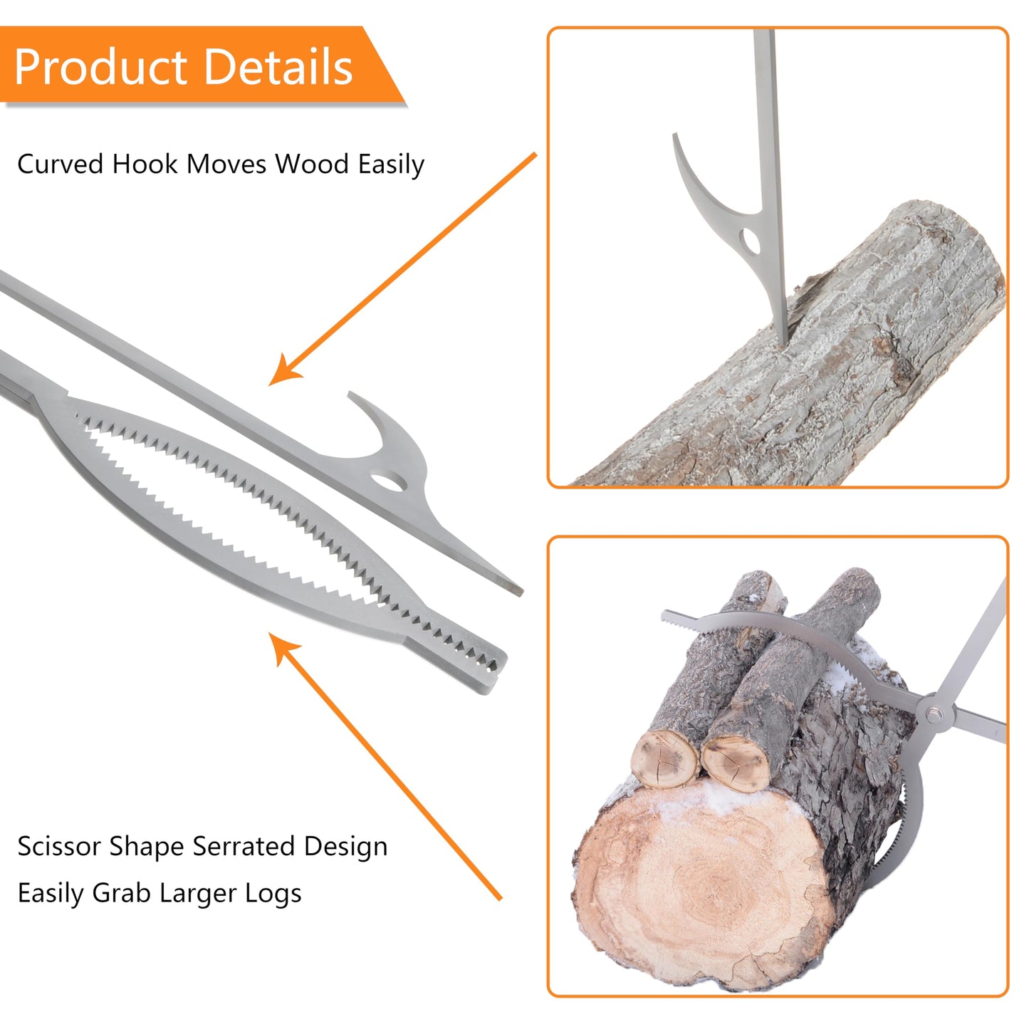 CKLT Stainless Steel Fire Pit Tools Set with 40" Fire Poker and Log Tongs, Fireplace Tools with Sturdy Stand Base, Firewood Log Grabber for Campfire Backyard Bonfire Wood Stove Indoor&Outdoor