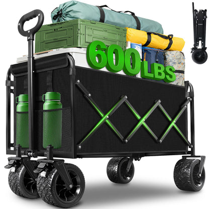 Folding Wagon Cart with All-Terrain Wheels – Heavy Duty Collapsible Utility Wagon for Grocery, Sports, Garden, Camping, Shopping (Black 600LBS)