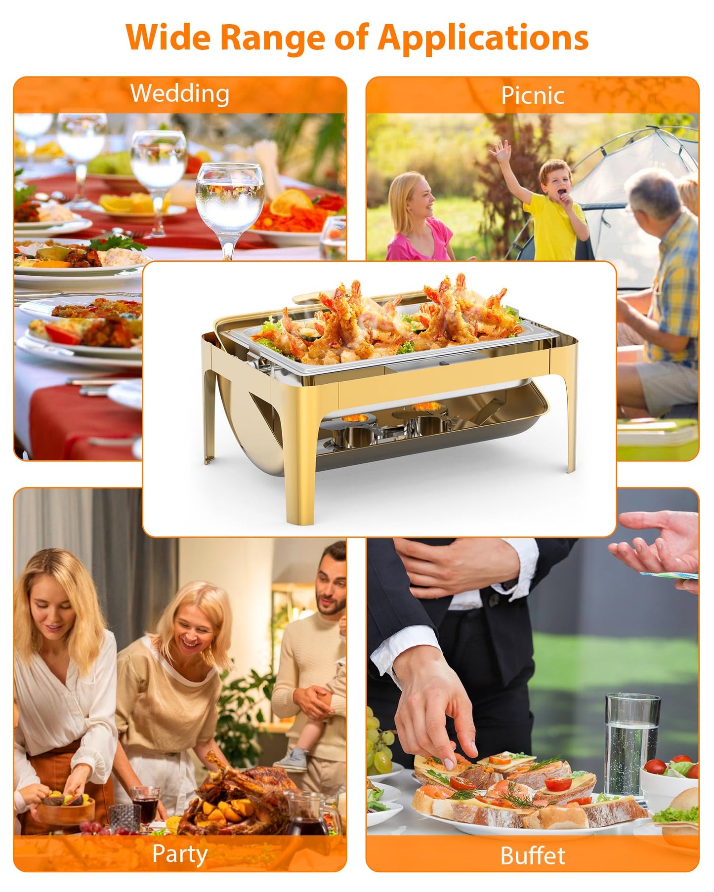GarveeHome Roll Top Chafing Dish for Buffet, 9QT Retangle Stainless Steel Food Warmer Server with Visible Lid Water Pan Stand Fuel Holder Clip,for Parties, Birthday, Hotels and Weddings, Gold