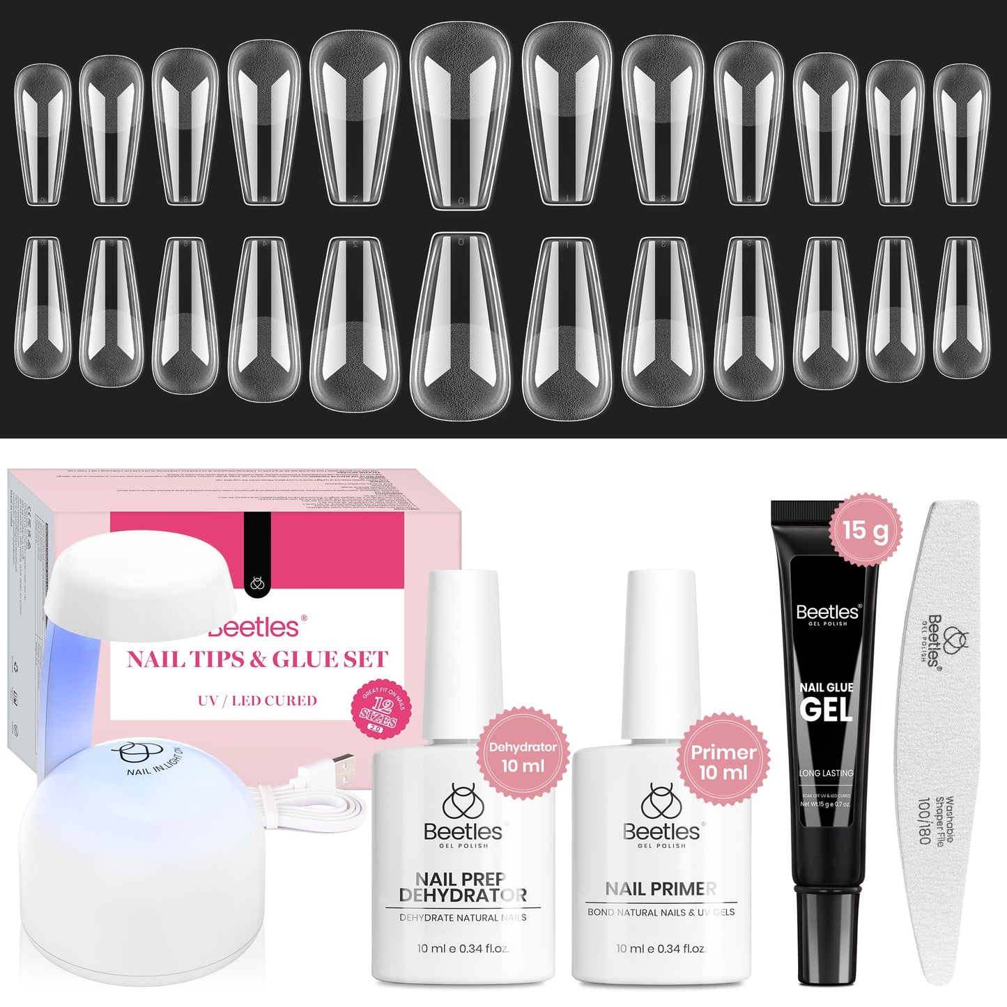 Beetles Gel Nail Kit Short Almond with Nail Dehydrator and Primer, 576Pcs Half Matte Etch-X Gel Nail Tips Solid Nail Glue Mini Nail Lamp Acrylic Nail Tips Easy DIY Nail Extension Set Gift for Women