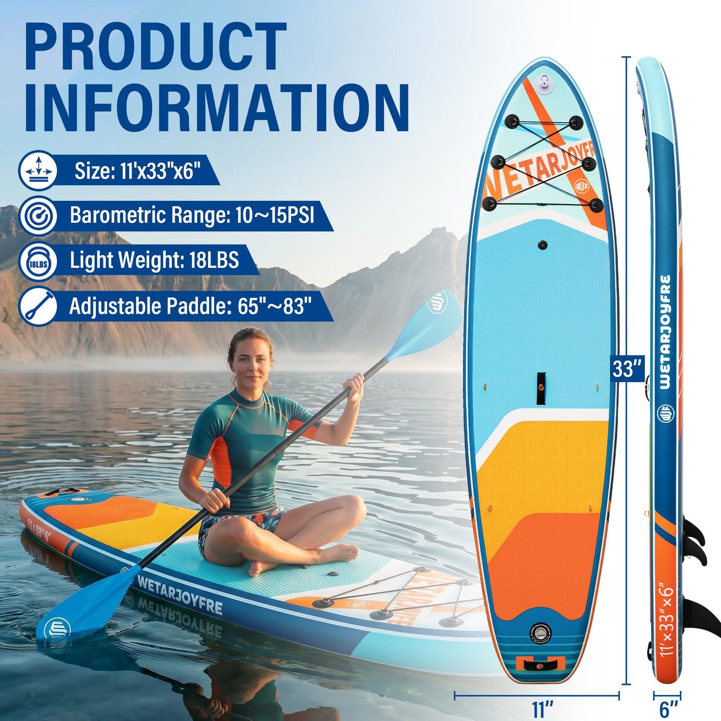 WETARJOYFRE Inflatable Stand Up Paddle Board, 11' x 33" x 6" Extra Wide SUP with Premium Accessories, Non-Slip Deck ISUP for All Skill Levels, Adults, Youth, Fishing, Yoga, Floating on Ocean & Lake