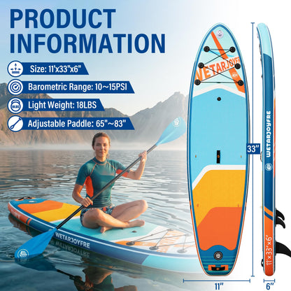 WETARJOYFRE Inflatable Stand Up Paddle Board, 11' x 33" x 6" Extra Wide SUP with Premium Accessories, Non-Slip Deck ISUP for All Skill Levels, Adults, Youth, Fishing, Yoga, Floating on Ocean & Lake